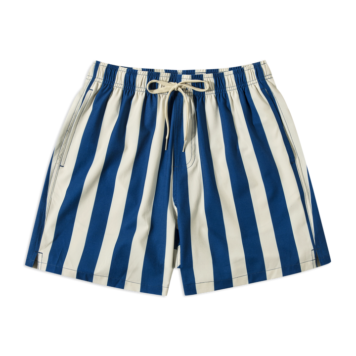 Stretch Swim 5.5" Nantucket Stripe front with elastic waistband, off white drawstring, and side seam pockets