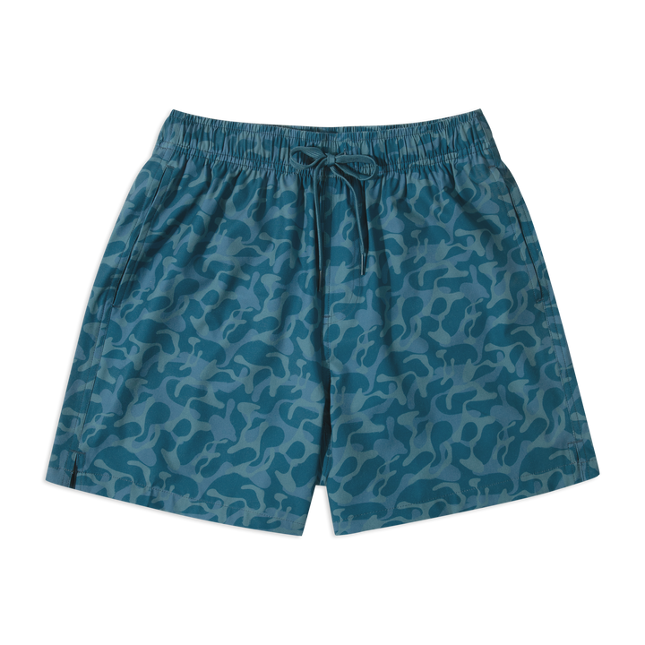Stretch Swim 5.5" Ripple front with elastic waistband, blue drawstring, and side seam pockets