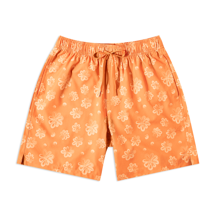 Stretch Swim 7" Bloom front with elastic waistband, orange drawstring, and side seam pockets