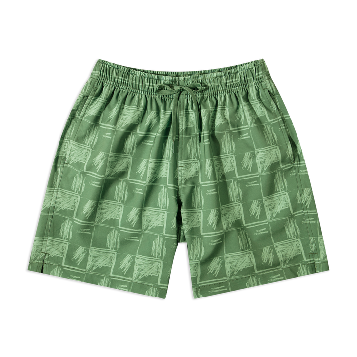 Stretch Swim 7" Everglades front with elastic waistband, green drawstring, and side seam pockets