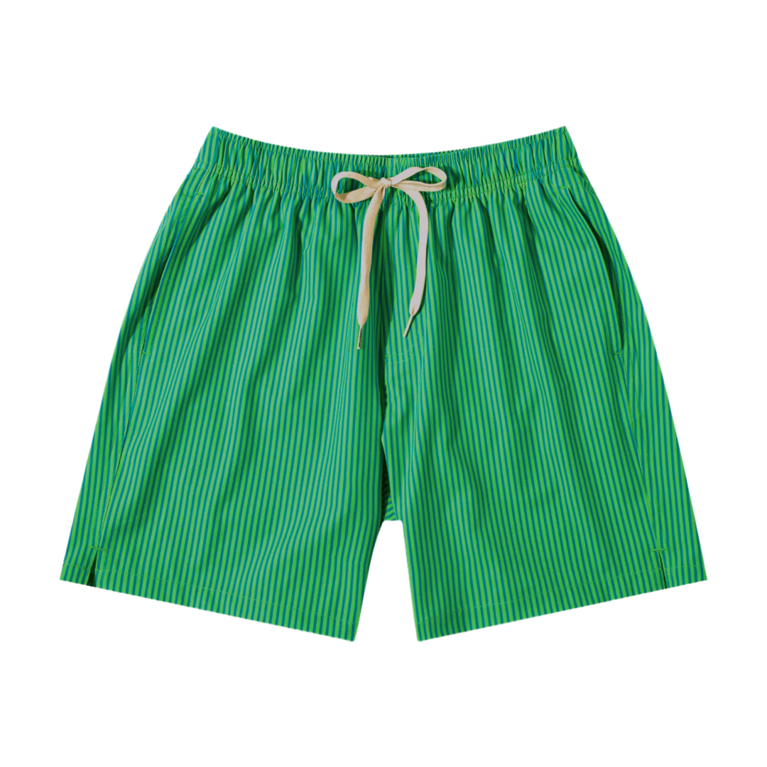 Stretch Swim 7" Gulf Stripe front with elastic waistband, off white drawstring, and two side seam pockets