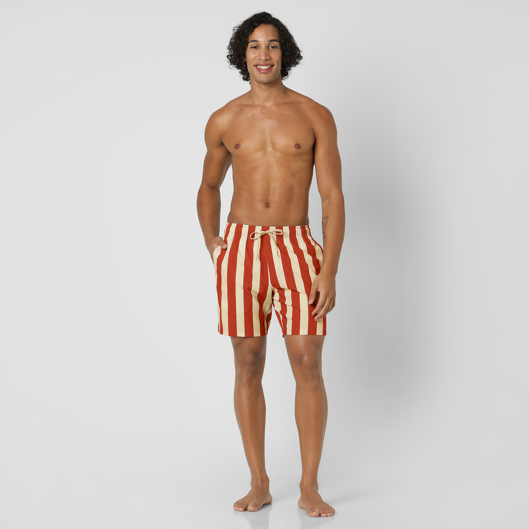 Stretch Swim 7" Hampton Stripe side on model full body standing with hand in pocket