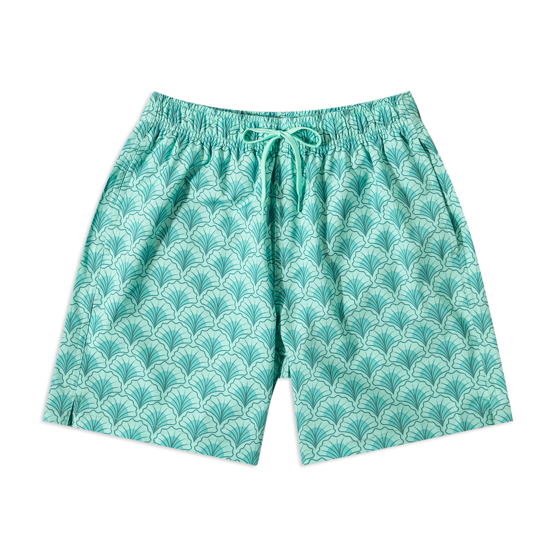 Stretch Swim 7" Shell front with elastic waistband, mint green drawstring, and side seam pockets
