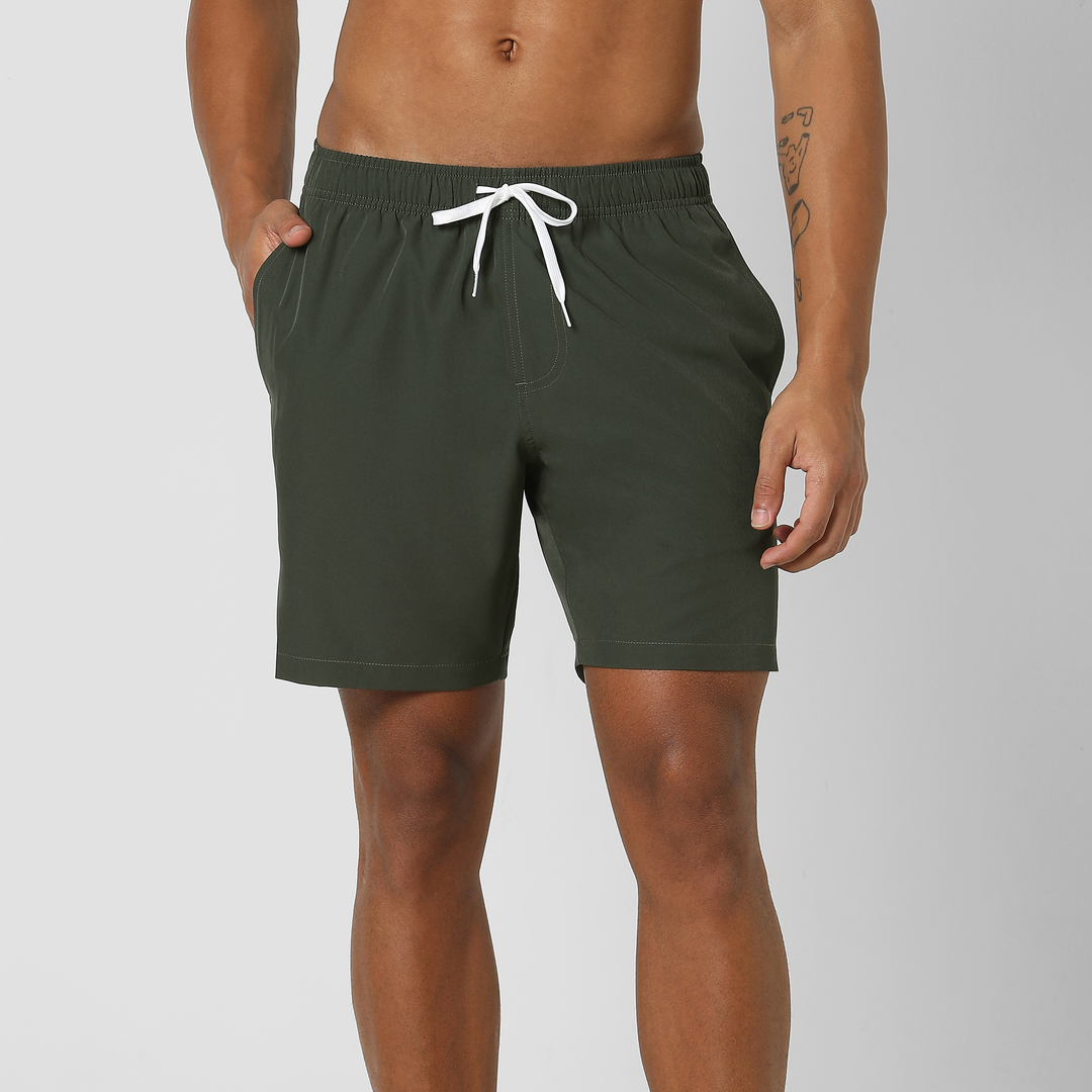 Stretch Swim Solid 7" Military Green front on model