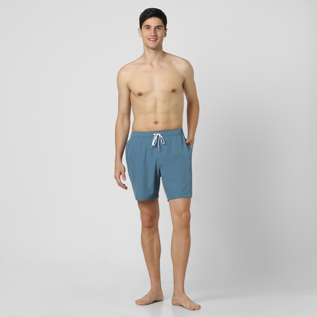 Stretch Swim Solid 7" Steel Blue full body on model