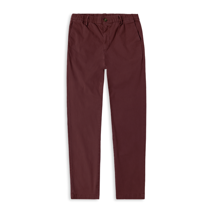 Stretch Chino Pant Wine flat with elastic waistband, belt loops, and zipper fly #wine