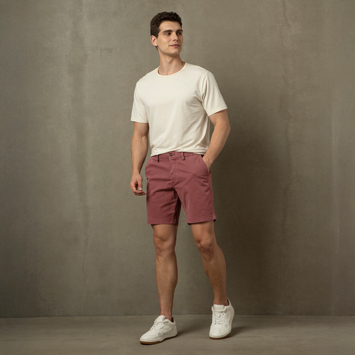 Stretch Chino Short 7 Deep Mauve full body on model
