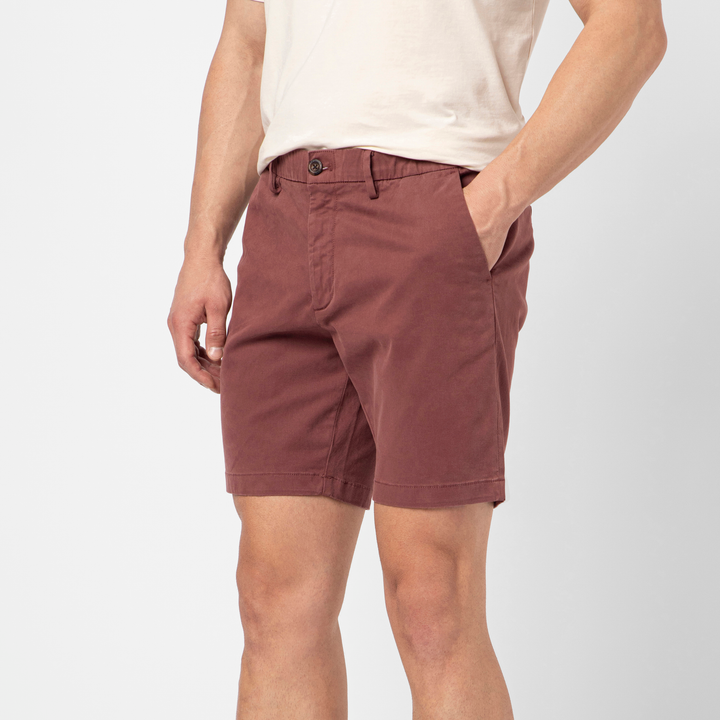 Stretch Chino Short 7 Deep Mauve side on model