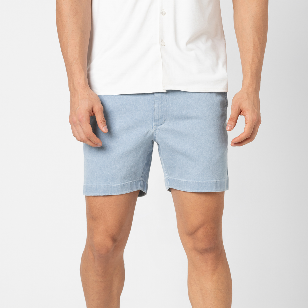 Stretch Denim Short 5 Light Wash front on model