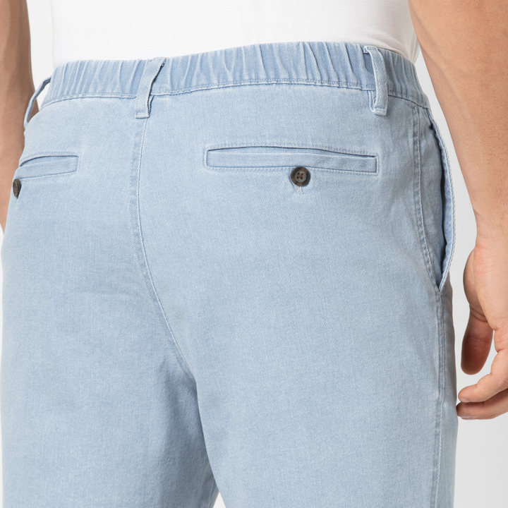 Stretch Denim Short 5 Light Wash close up back on model