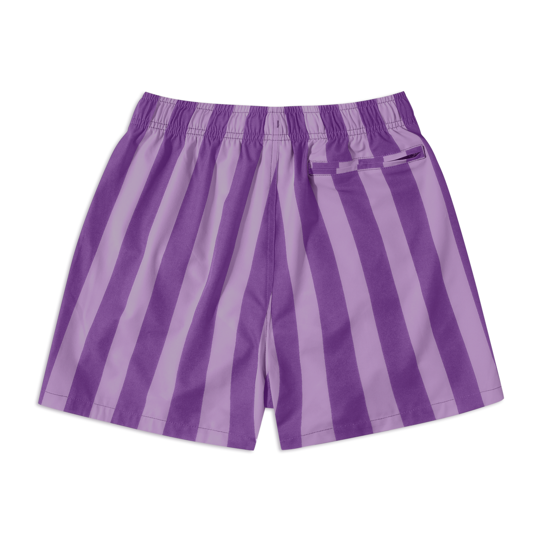 Stretch Swim 5.5" Lavender Stripe back with elastic waistband and back right zipper pocket