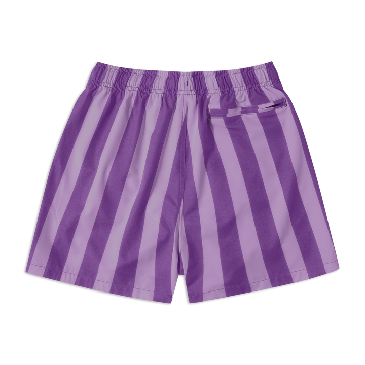 Stretch Swim 5.5" Lavender Stripe back with elastic waistband and back right zipper pocket