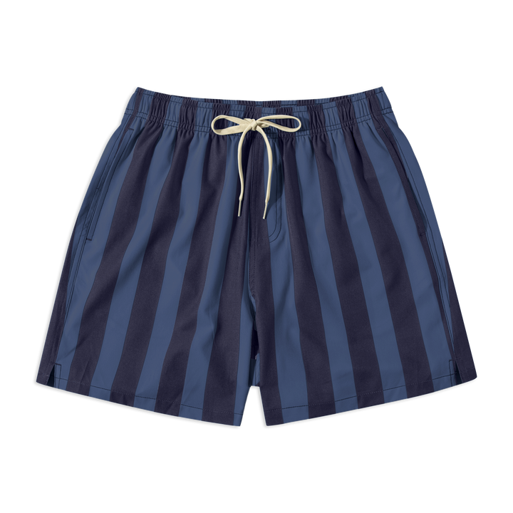 Stretch Swim 5.5" Midnight Stripe front with elastic waistband, off white drawstring, and two side seam pockets