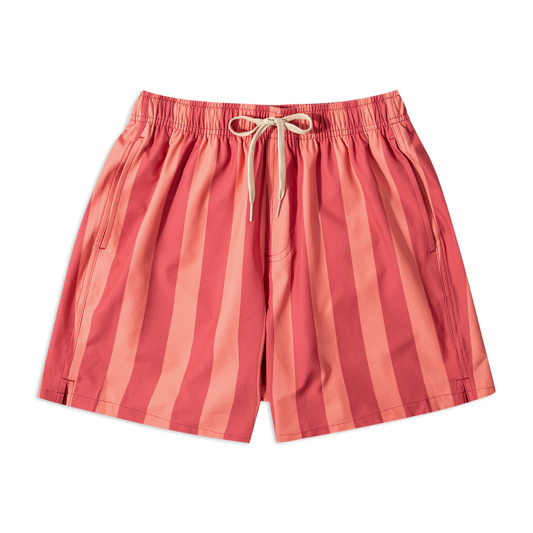 Stretch Swim 5.5" Salmon Stripe front with elastic waistband, off white drawstring, and side seam pockets