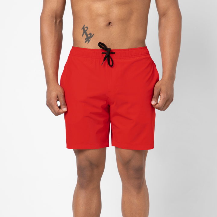 Stretch Swim Solid 7" Red front on model