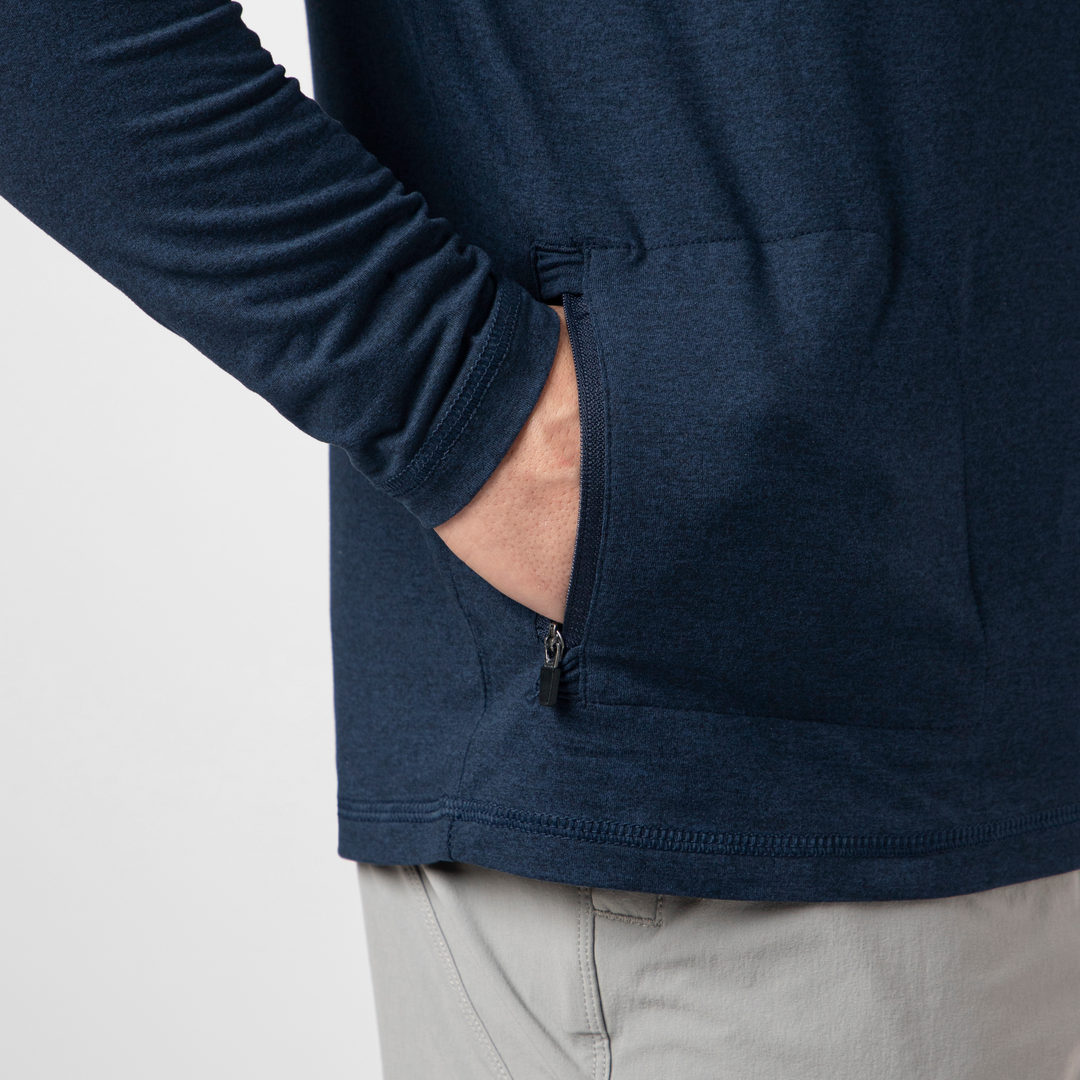 Tech Half-Zip Navy close up front zipper pocket