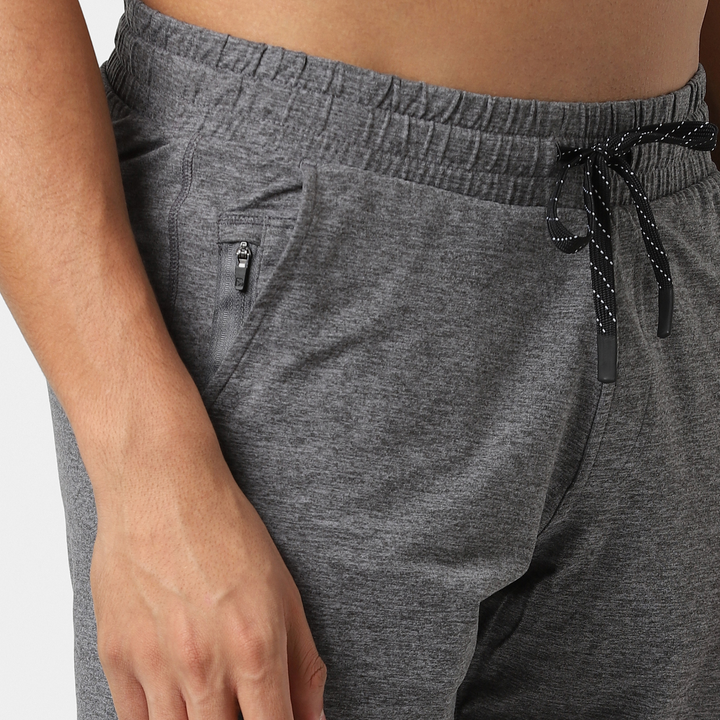 Tech Short 5" Grey close up right zipper pocket on model