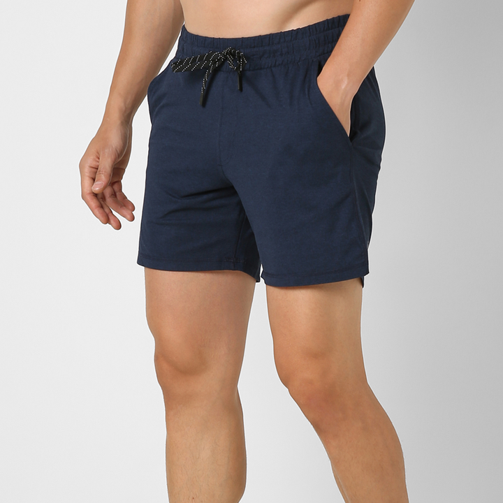 Tech Short 5" Navy side on model