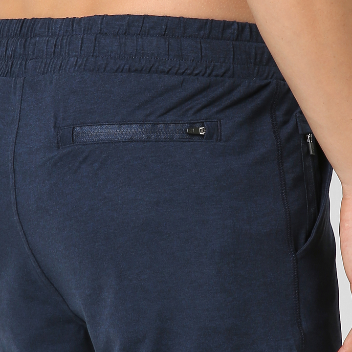 Tech Short 5" Navy close up back zipper pocket