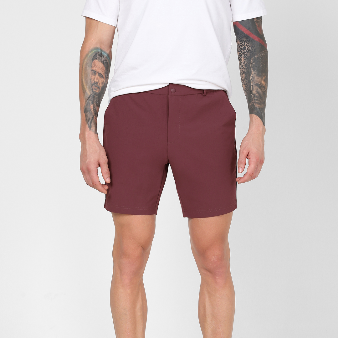 Tour Short 7" Wine front on model