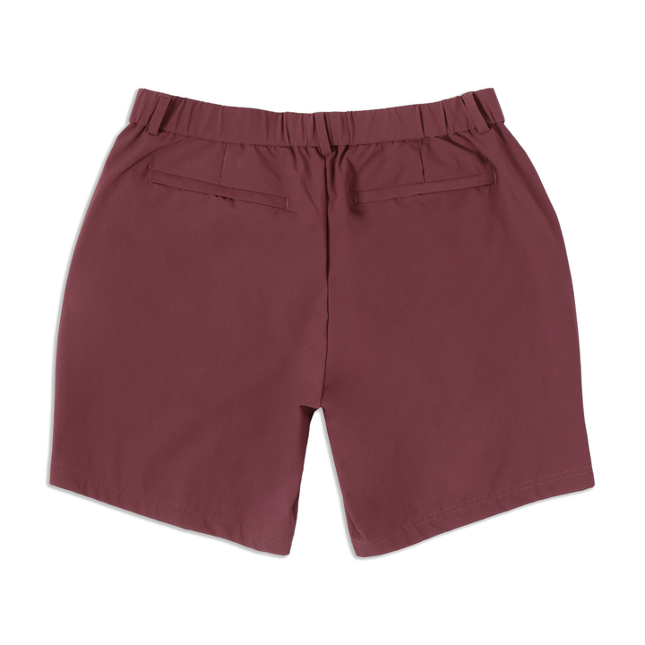 Tour Short 7" Wine back with flat elastic waistband, belt loops, and two hidden zipper back pockets