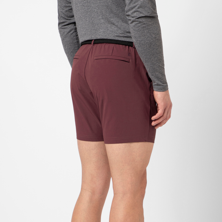 Tour Short 5 Wine back on model