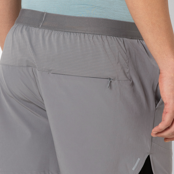 Track Short Lined 4.5" Grey back close up of back right zipper pocket on model