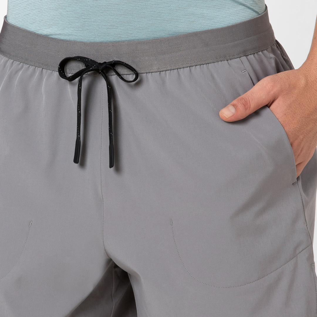 Track Short Lined 4.5" Grey front close up of drawstring on model
