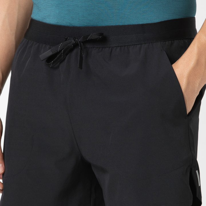 Track Short Lined 4.5" Black close up front on model