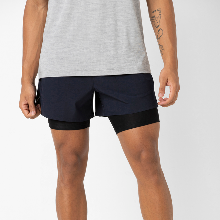 Track Short Lined 4.5" Navy front on model