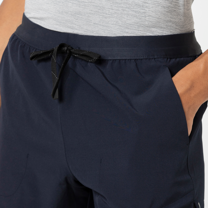 Track Short Lined 4.5" Navy close up front on model