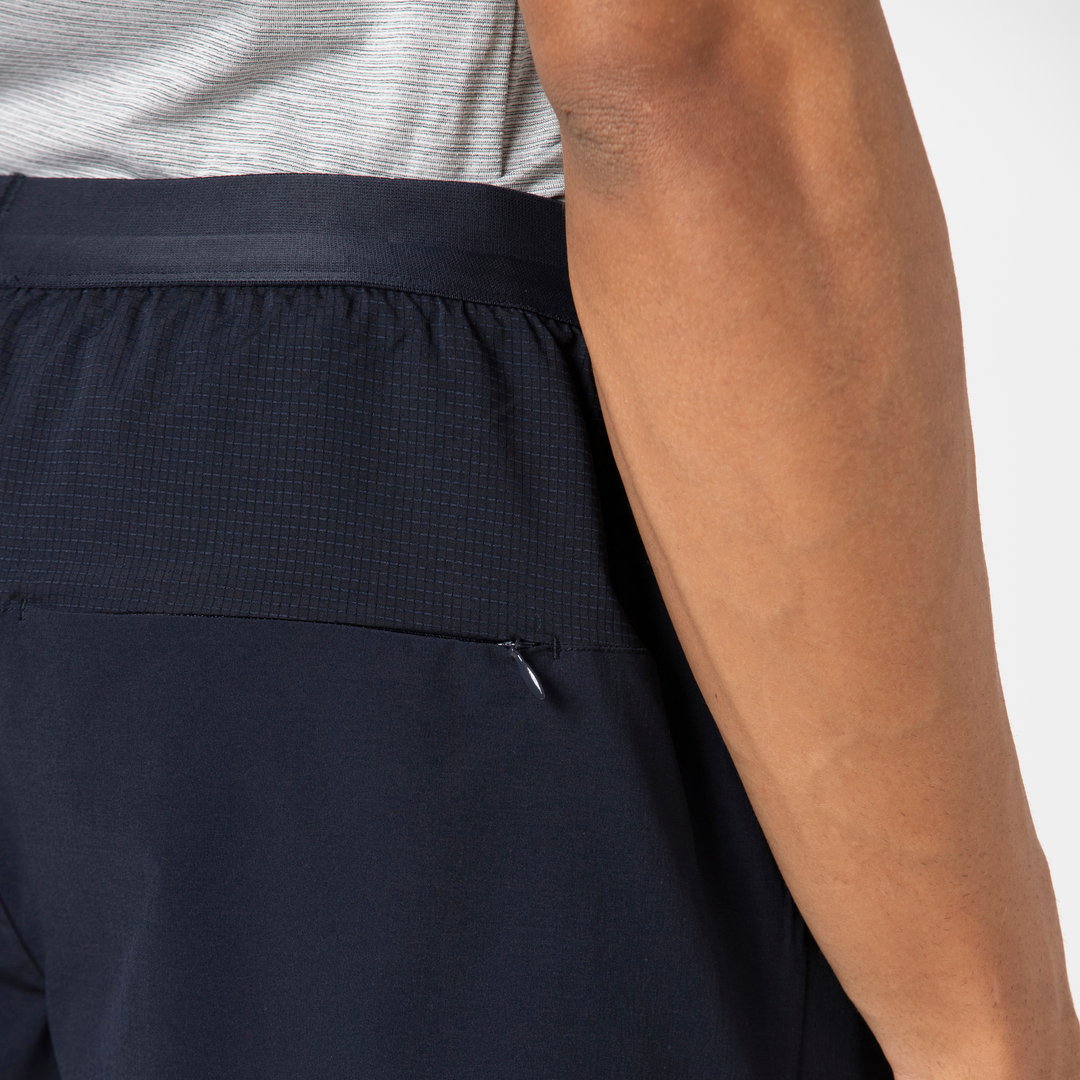 Track Short Lined 4.5" Navy close up back zipper pocket