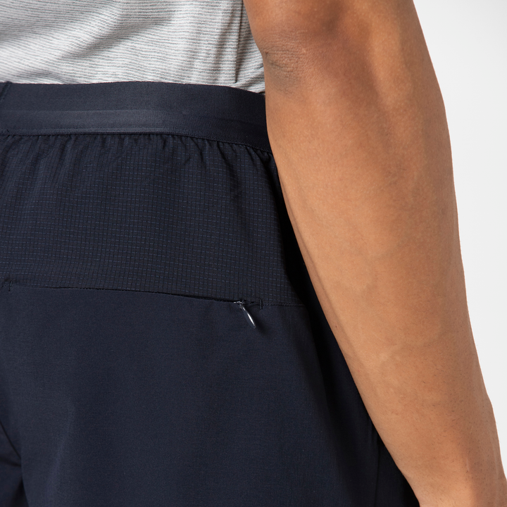 Track Short Lined 4.5" Navy close up back zipper pocket