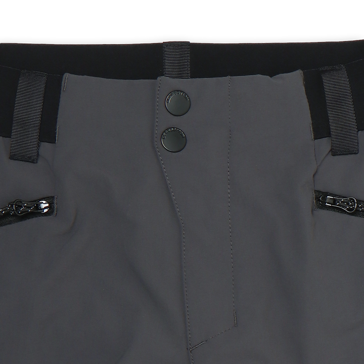 Trail Pant Coal close up front button and hidden zipper closure