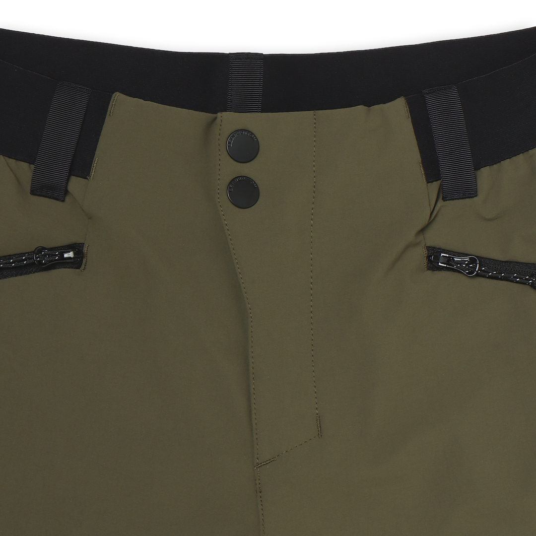 Trail Pant Military Green close up front button and hidden zipper closure