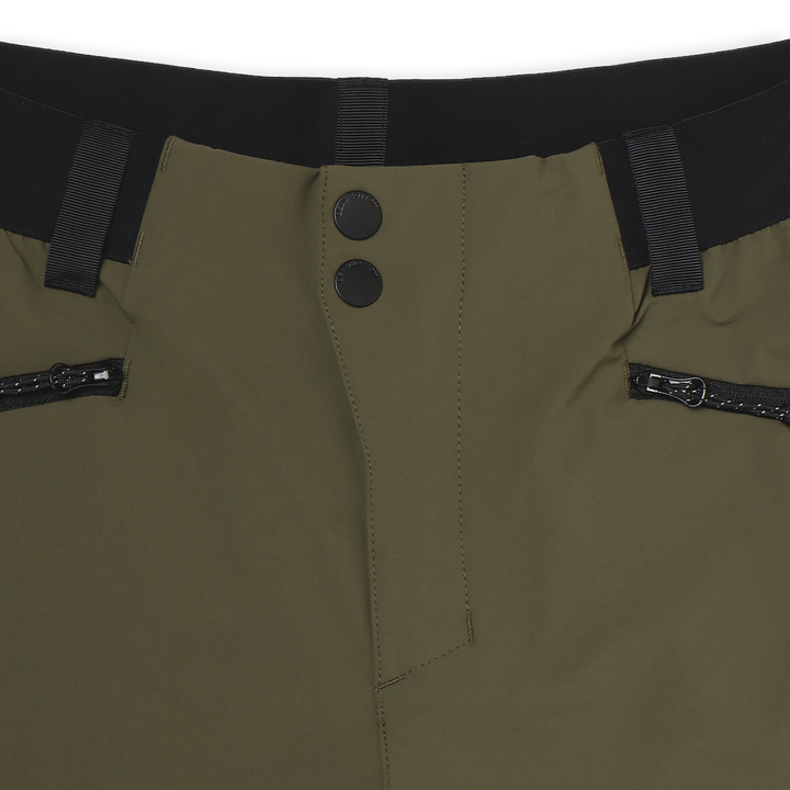 Trail Pant Military Green close up front button and hidden zipper closure
