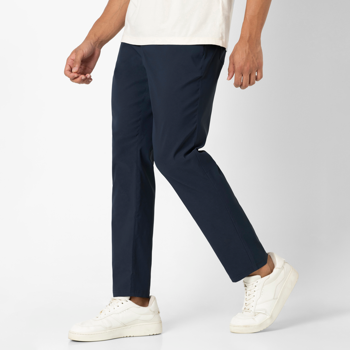 Transit 5 Pocket Pant Navy 30" side on model