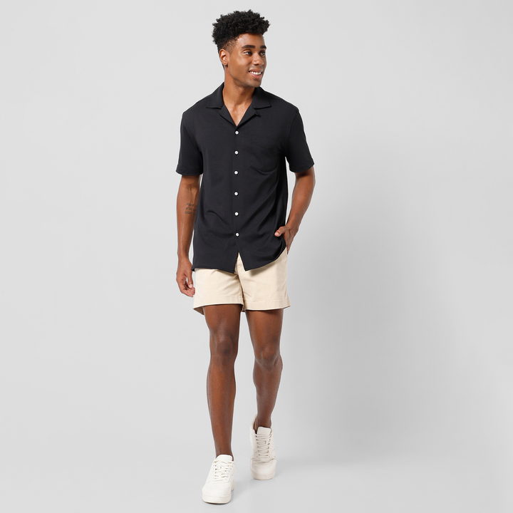 Villa Camp Collar Shirt Black full body on model worn with Stretch Short Sand Dune