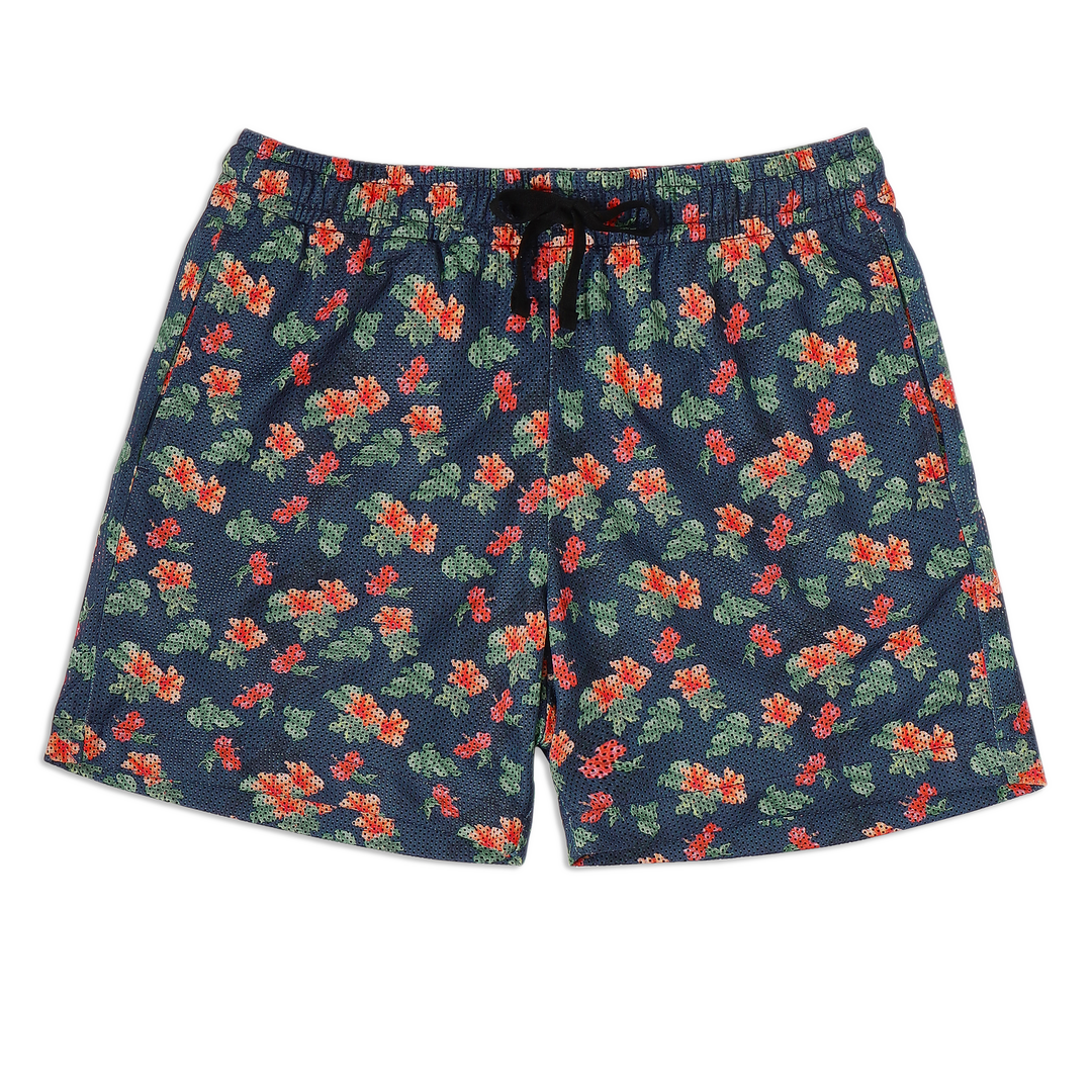 Mesh Short 5.5" Summer with elastic waistband, two side seam pockets, and black drawstring
