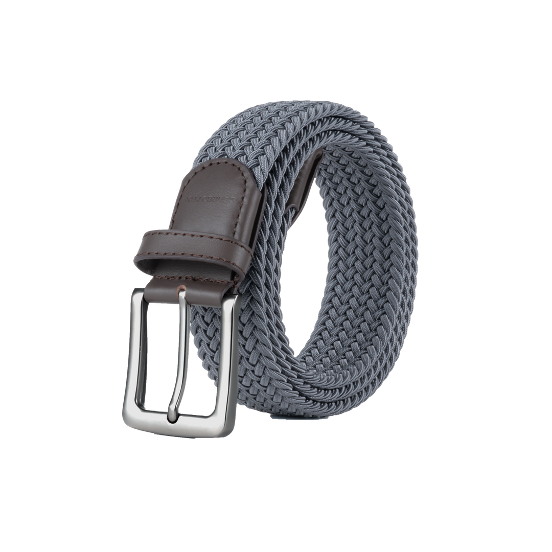Stretch Woven Belt Grey with Genuine Leather Trim and Debossed Logo