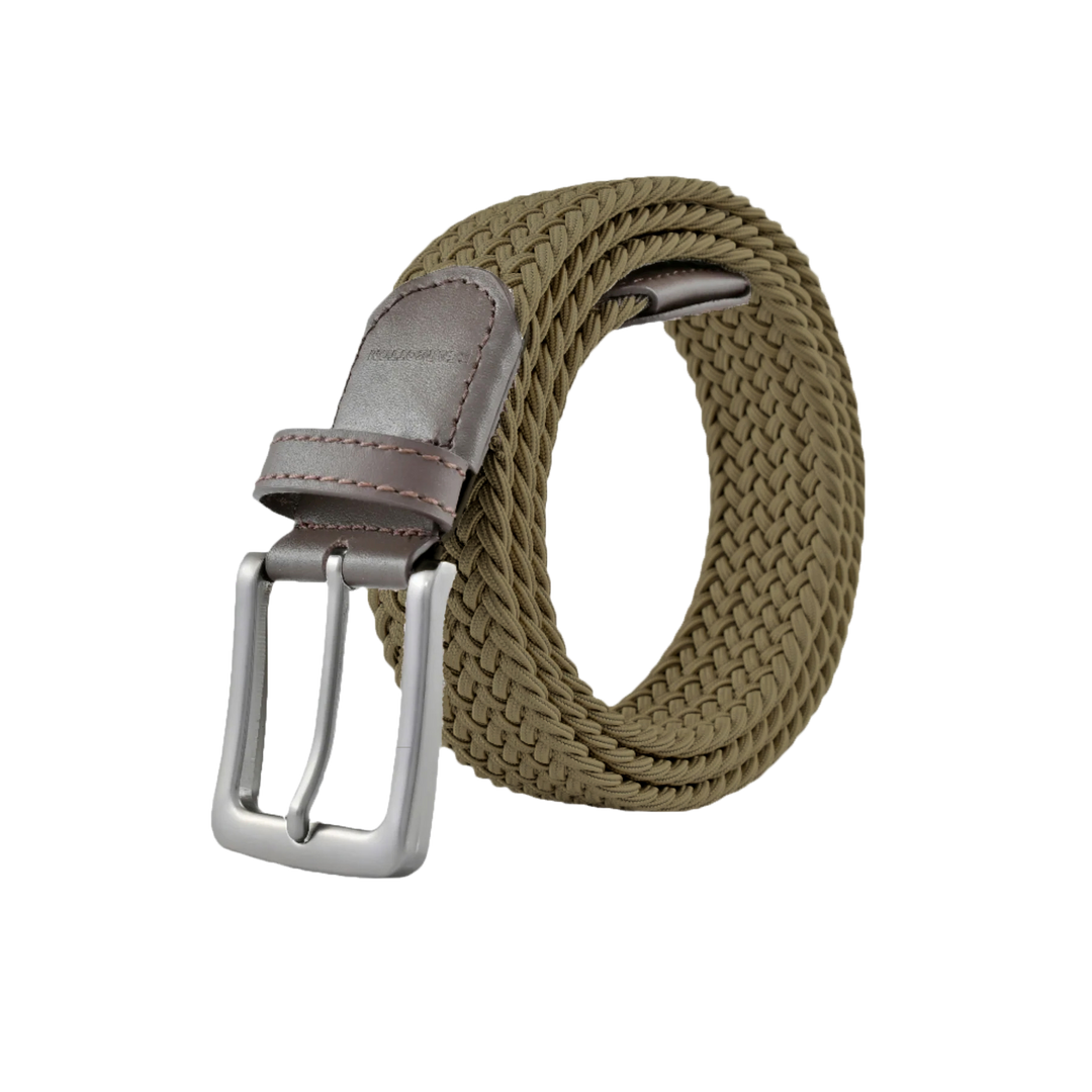 Stretch Woven Belt Olive Khaki with Genuine Leather Trim and Debossed Logo