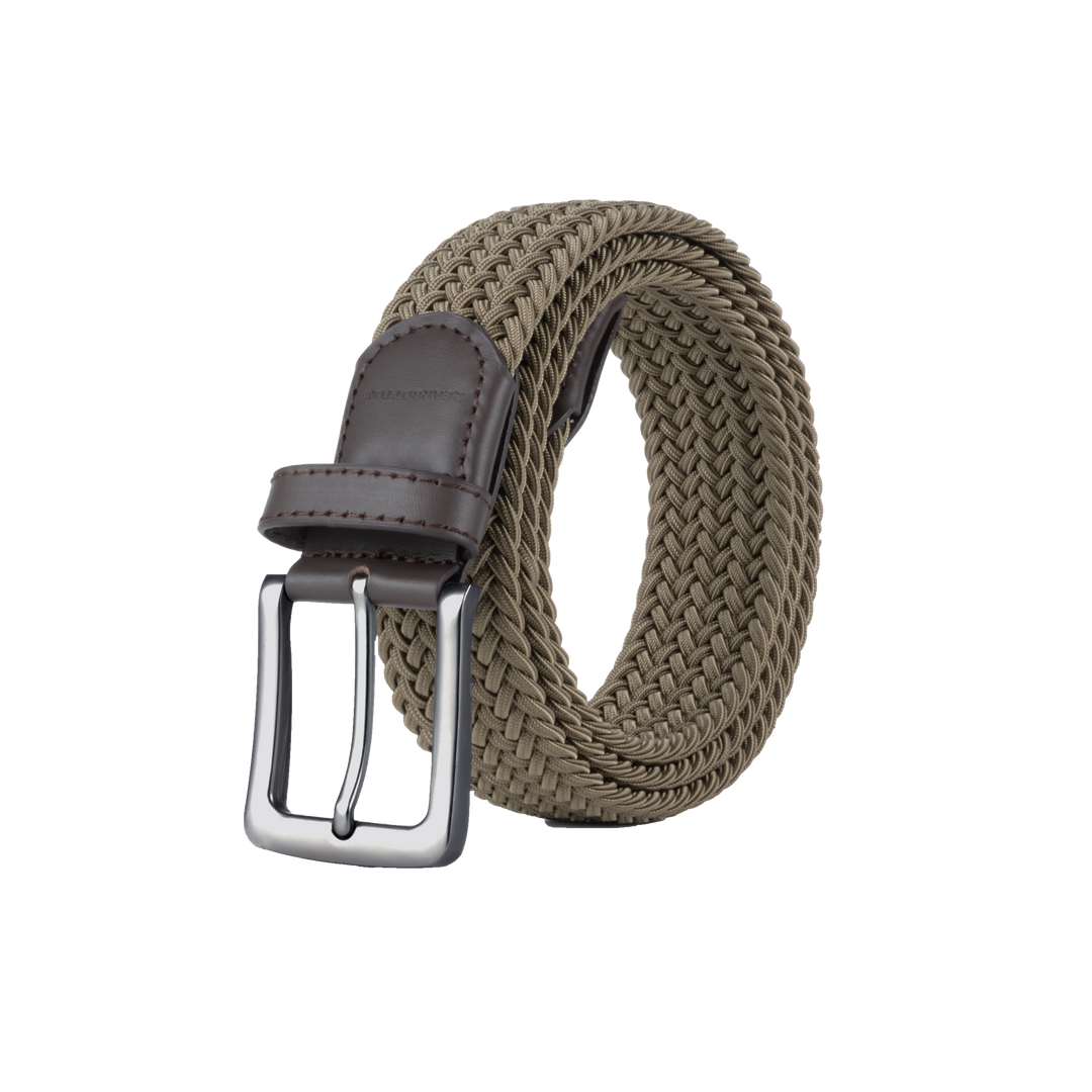 Stretch Woven Belt Olive Khaki with Genuine Leather Trim and Debossed Logo