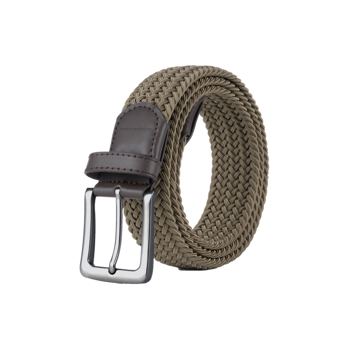 Stretch Woven Belt Olive Khaki with Genuine Leather Trim and Debossed Logo