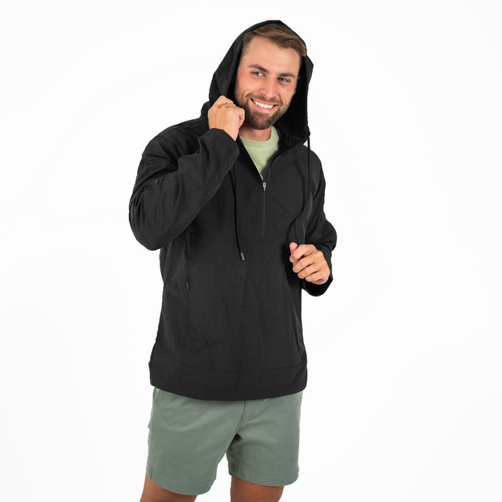 Windbreaker Jacket in Black front on model putting on hood