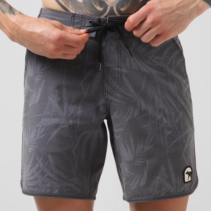 Board Short 8" Palms front on model tying black drawstring