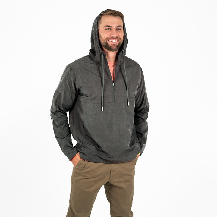 Windbreaker Jacket in Graphite grey front on model wearing hood