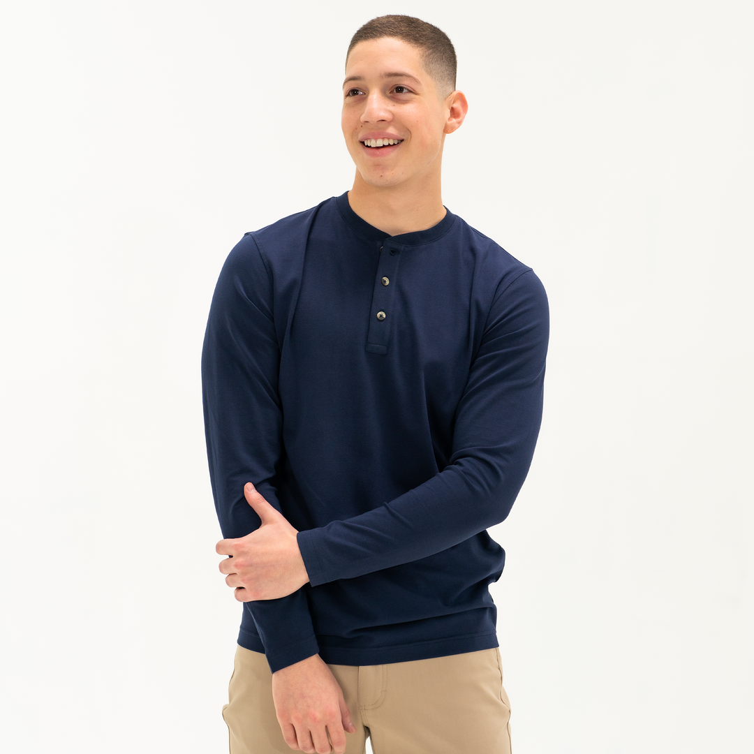Long Sleeve Stretch Henley Navy front on model