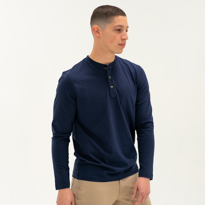 Long Sleeve Stretch Henley Navy side on model