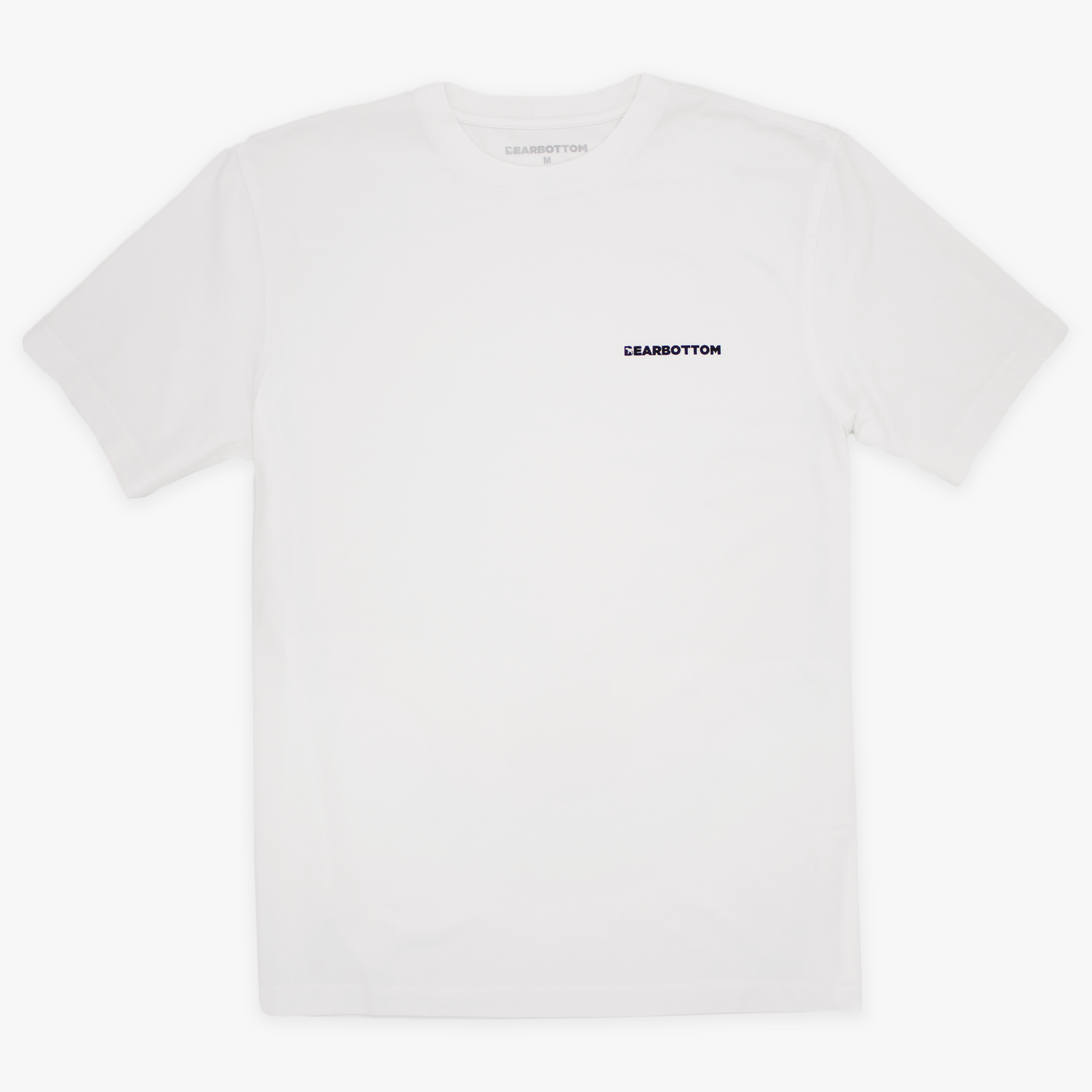 Natural Dye Logo Tee White Front with crew neck, short sleeves, and Bearbottom logo printed on front left chest