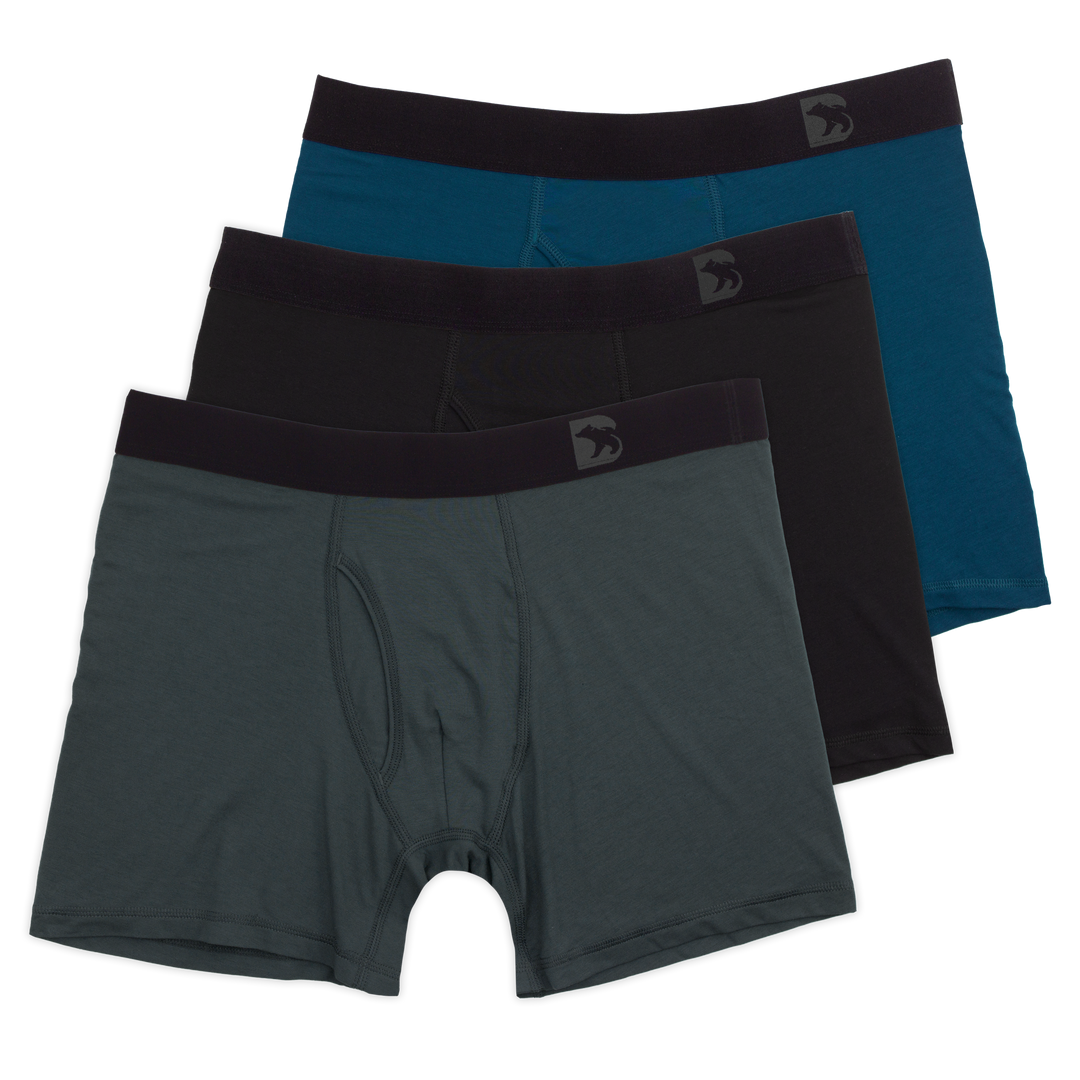 Modal Boxer Brief Classic 3 Pack in Coal grey, Ocean blue, and Black with elastic waistband with Bearbottom B logo and functional fly